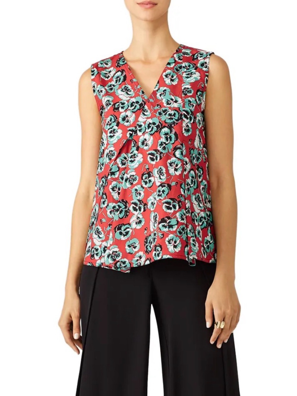Marni Pansy Print Floral Cotton V-Neck Blouse Red IT 36 XS